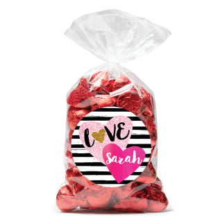 Hearts of Love Personalized Round Sticker and Treat Bag Set
