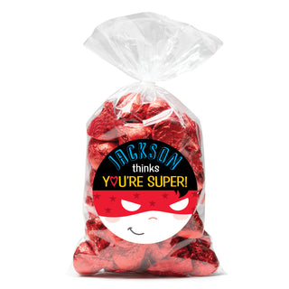 You're Super Boy's Personalized Round Sticker and Treat Bag Set