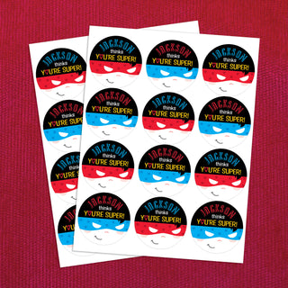 You're Super Boy's Personalized Round Sticker and Treat Bag Set