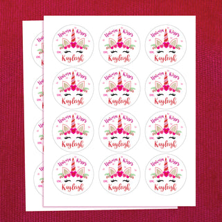 Valentine's Unicorn Kisses Personalized Round Sticker and Treat Bag Set