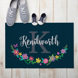 Floral Wreath Personalized Navy Doormat - 18x27 Inch, 1/8" Thin