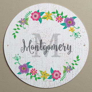 Floral Wreath White Personalized Round Metal Sign