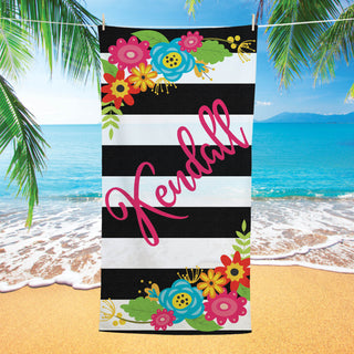 Floral Stripes Plush Beach Towel