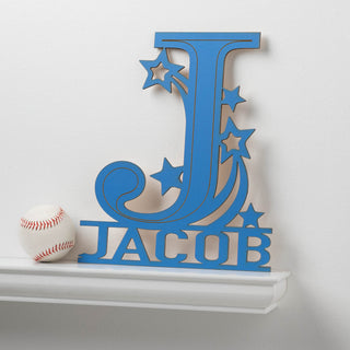 Starry Initial Blue Wood Plaque