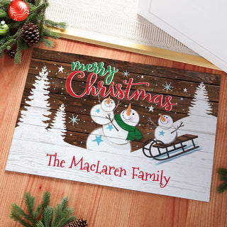 Merry Christmas Winter Night Snowman Personalized Doormat - 18x27 Inch, 1/8" Thin