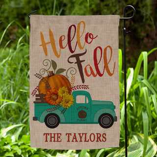 Hello Fall Burlap Personalized Garden Flag