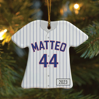 Baseball Jersey Personalized Ornament - Blue/Red Pinstripes