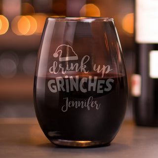 Drink Up Grinches Stemless Wine Glass