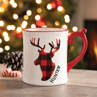 Plaid Deer Personalized Red Handle Holiday Mug - 11 oz.