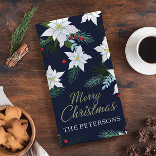 Merry Christmas White Poinsettia Waffle Tea Towel