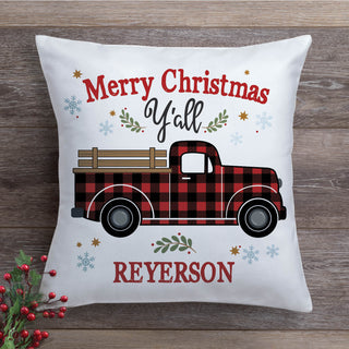 Plaid Truck Merry Christmas Personalized Throw Pillow