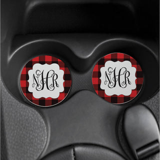 Buffalo Monogram Plaid Personalized Car Coaster Set