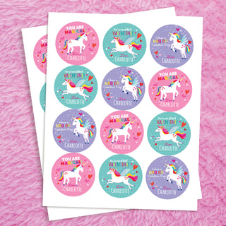 Unicorn Valentines Personalized Round Sticker - Set of 48