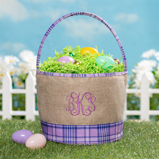 Monogrammed Purple Plaid Burlap Bucket Bag