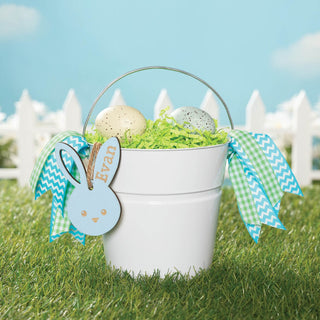 Personalized Small Metal Bucket with Blue Wood Tag 