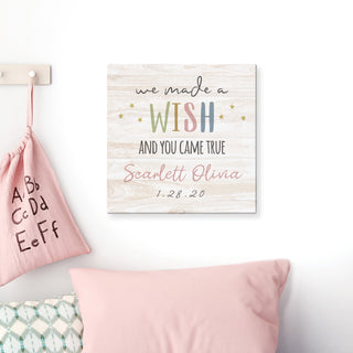 We Made A Wish Personalized Pink Script 12x12 Canvas