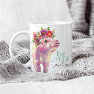 Live Happy Floral Pig Personalized White Coffee Mug - 11 oz.