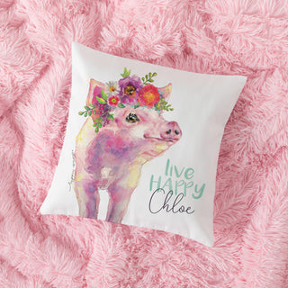 Live Happy Floral Pig Personalized Throw Pillow