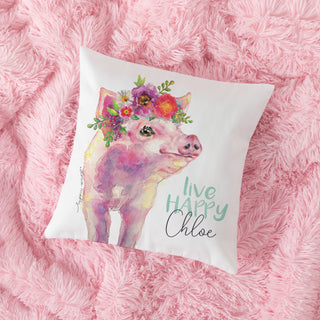 Live Happy Floral Pig Personalized Throw Pillow