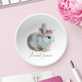 Floral Bunny Personalized Round Trinket Dish