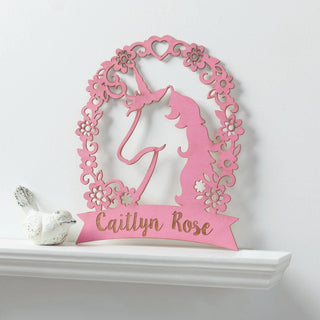 Pink Floral Unicorn Personalized Wood Plaque