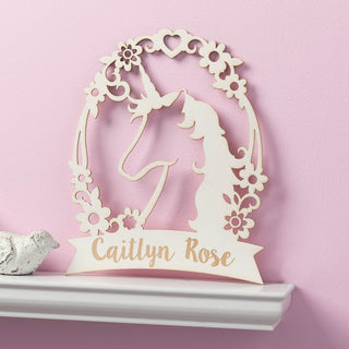 White Floral Unicorn Personalized Wood Plaque
