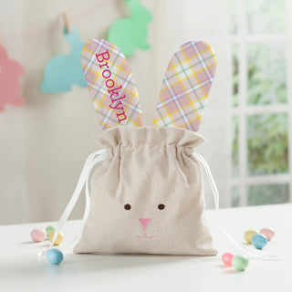 Pink Plaid Bunny Ears Personalized Drawstring Pouch