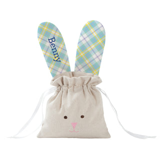 Teal Plaid Bunny Ears Personalized Drawstring Pouch