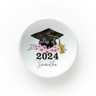 Floral Graduation Personalized Round Trinket Dish