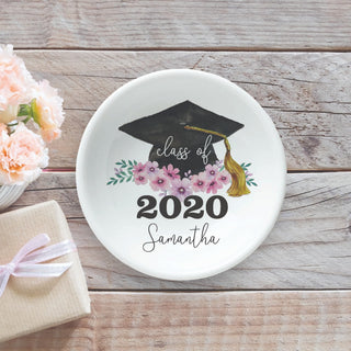 Floral Graduation Personalized Round Trinket Dish