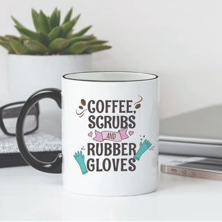 Coffee Scrubs Rubber Gloves White Coffee Mug with Black Rim and Handle-11oz