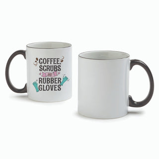 Coffee Scrubs Rubber Gloves White Coffee Mug with Black Rim and Handle-11oz
