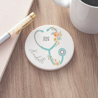 Floral Stethoscope Personalized Round Desk Coaster
