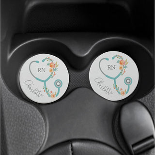 Floral Stethoscope Personalized Car Coaster Set