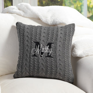Name & Initial Embroidered Gray Cable Knit 17" Throw Pillow