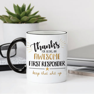 Thank You First Responder White Coffee Mug with Black Rim and Handle-11oz