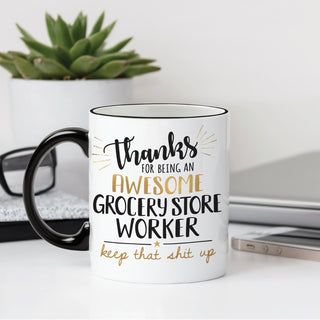 Thank You Grocery Store Worker Personalized Black Handle Coffee Mug - 11 oz.