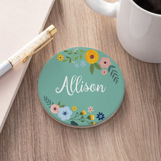 Floral Wreath Personalized Round Desk Coaster