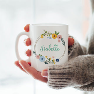 Floral Wreath Personalized White Coffee Mug - 11 oz.