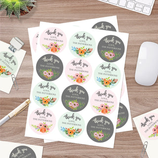 Thank You Floral Personalized Round Stickers - Set of 48