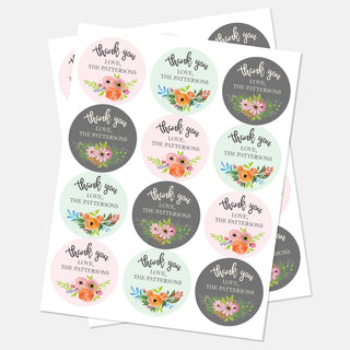 Thank You Floral Personalized Round Stickers - Set of 48