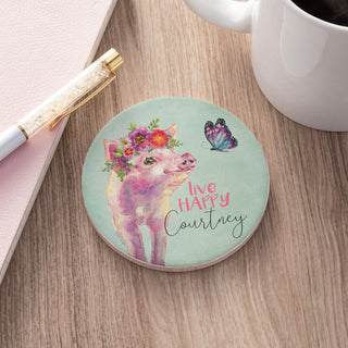 Live Happy Floral Pig Personalized Round Desk Coaster