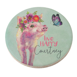 Live Happy Floral Pig Personalized Round Desk Coaster