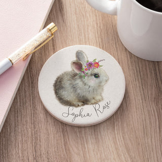 Floral Bunny Personalized Round Desk Coaster
