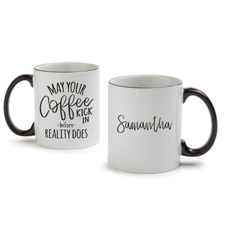 May your Coffee Kick In White Coffee Mug with Black Rim and Handle-11oz