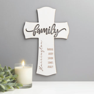 Family Cross Personalized White Wood Plaque