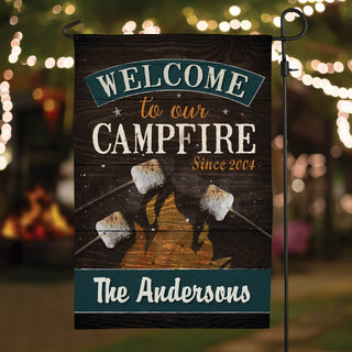Welcome To Our Campfire Personalized Garden Flag With 3 Marshmallows