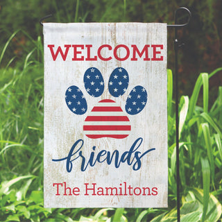 Welcome Friends Patriotic Paw Print Personalized Garden Flag