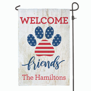 Welcome Friends Patriotic Paw Print Personalized Garden Flag