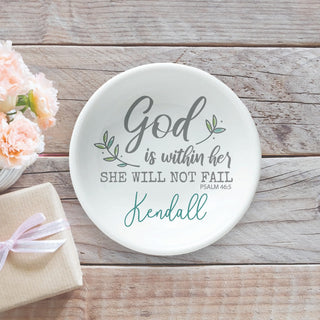 God Is Within Her Personalized Round Trinket Dish
